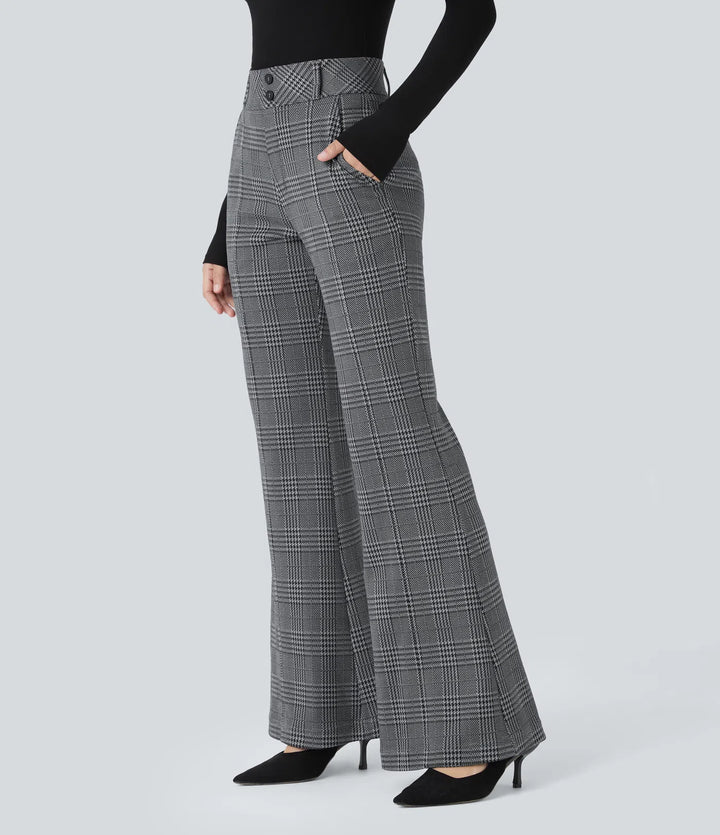 Halara Flex High Waisted Decorative Pocket Houndstooth Plaid Work Flared Trousers