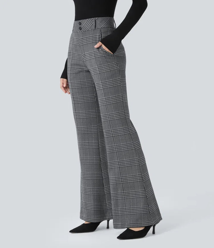 Halara Flex High Waisted Decorative Pocket Houndstooth Plaid Work Flared Trousers