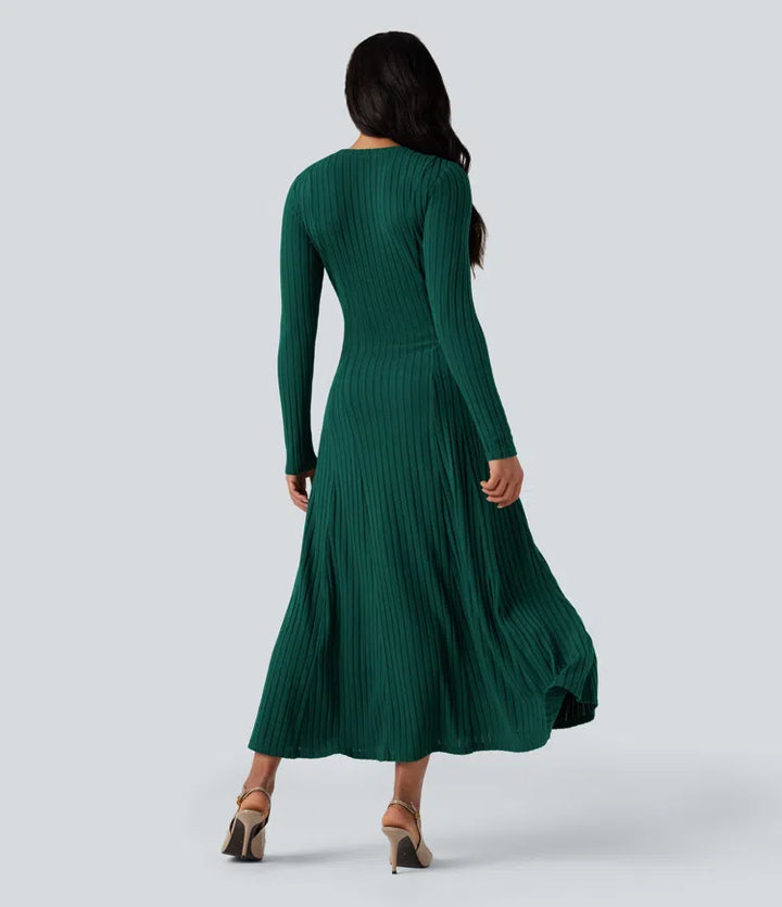 Ribbed Knit Henley Neck Long Sleeve Flowy Maxi Fleece Casual Dress