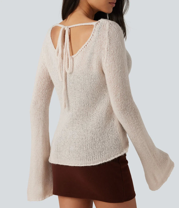 Boat Neck Flounce Long Sleeve Tie Back Casual Wool-Blend Jumper