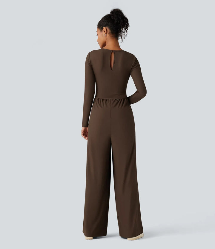 Ribbed Round Neck Long Sleeve Corset Casual Jumpsuit with Pockets-Easy Peezy Edition