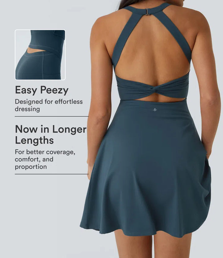 SoftlyZero Airy Backless Twisted Flare Low Support Dance Active Dress-Longer Length-Easy Peezy Edition A-D Cups