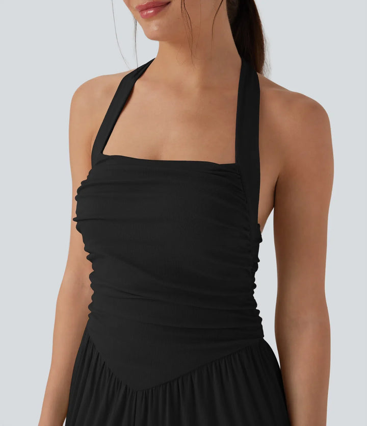 Ribbed Halter Tie Back Drawstring Resort Jumpsuit with Pockets