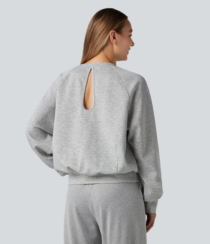 Round Neck Long Sleeve Cut Out Casual Sweatshirt with Pockets
