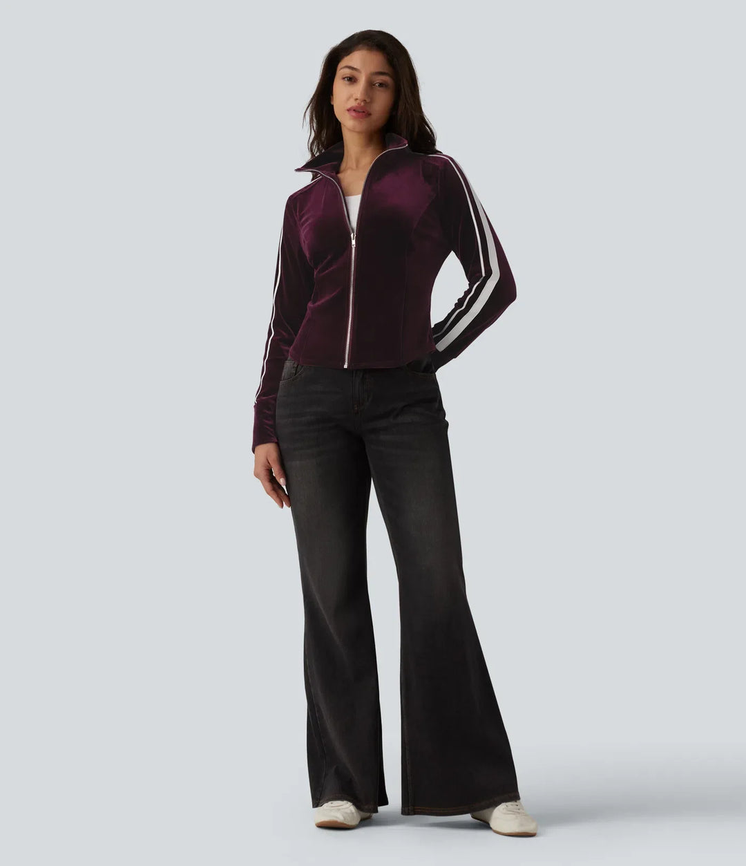 Mock Neck Long Sleeve Stripe Velvet Casual Jacket