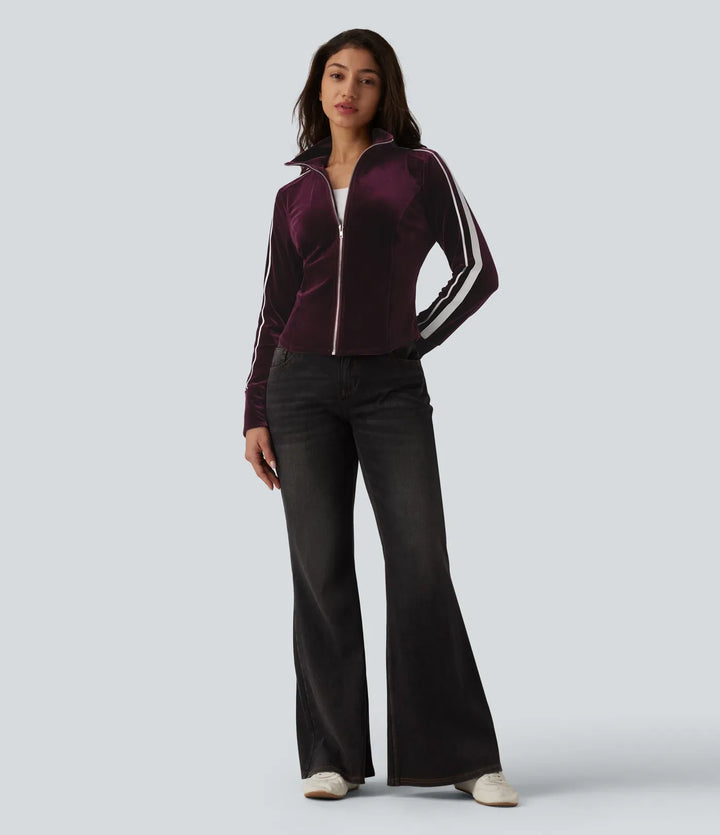Mock Neck Long Sleeve Stripe Velvet Casual Jacket