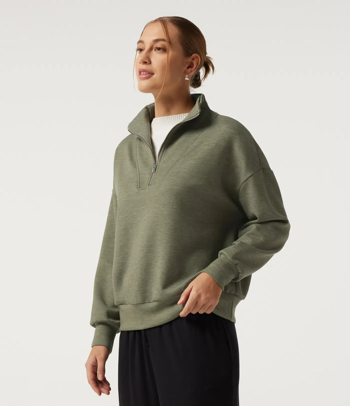 Mock Neck Dropped Half Zip Long Sleeve Casual Sweatshirt