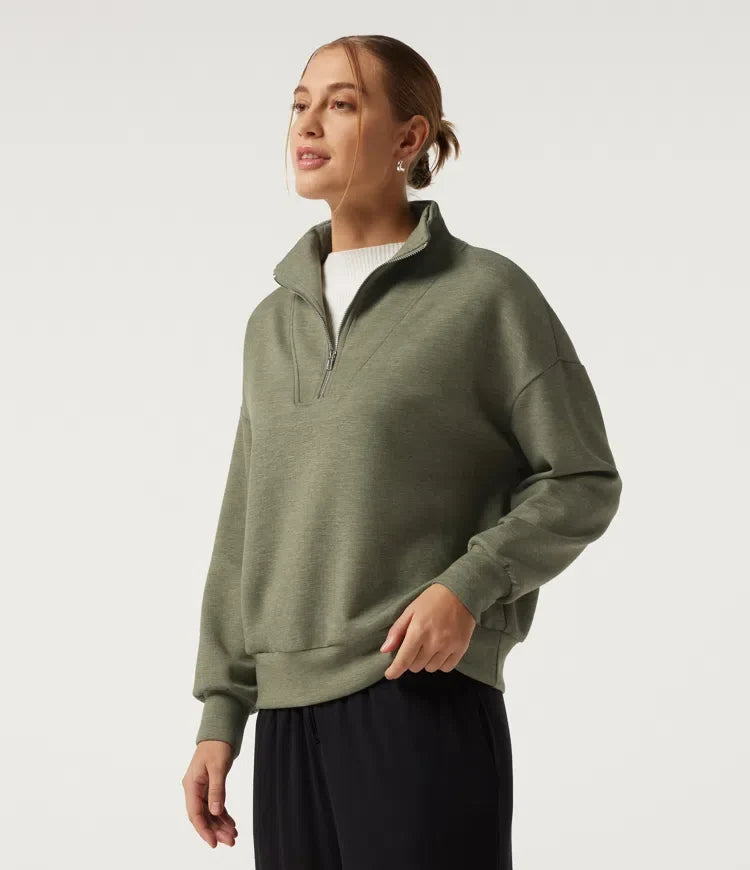 Mock Neck Dropped Half Zip Long Sleeve Casual Sweatshirt