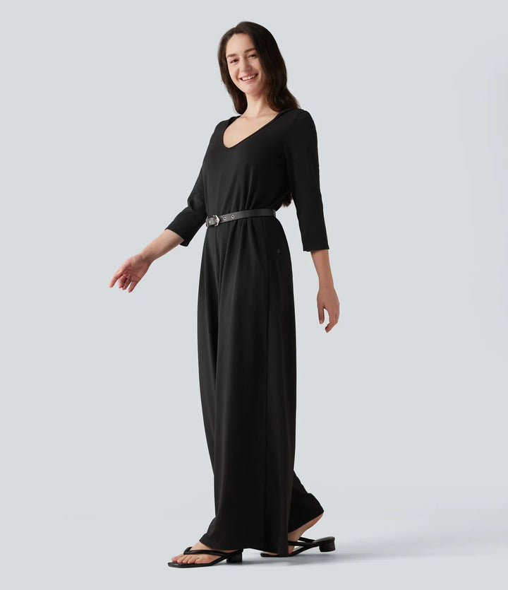 Hooded 3/4 Sleeve Baggy Relaxed Casual Jumpsuit with Pockets