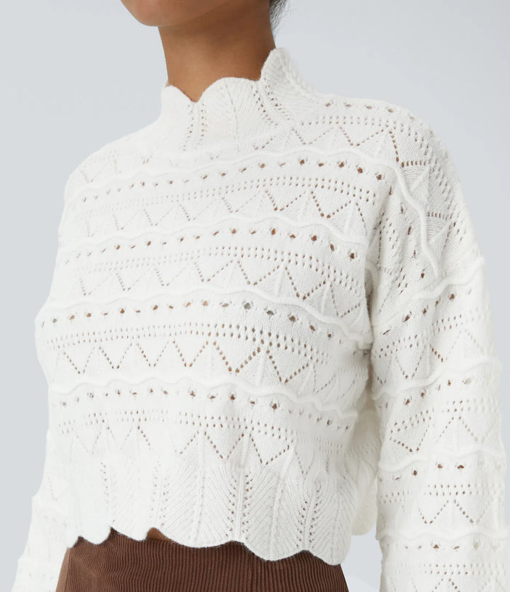 Mock Neck Bishop Sleeve Scallop Hem Open Knit Casual Jumper