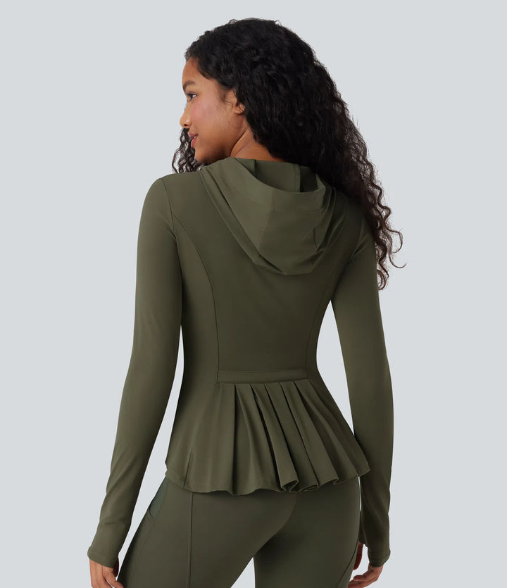 SoftlyZero Hooded Long Sleeve Thumb Hole Pleated Jacket with Pockets