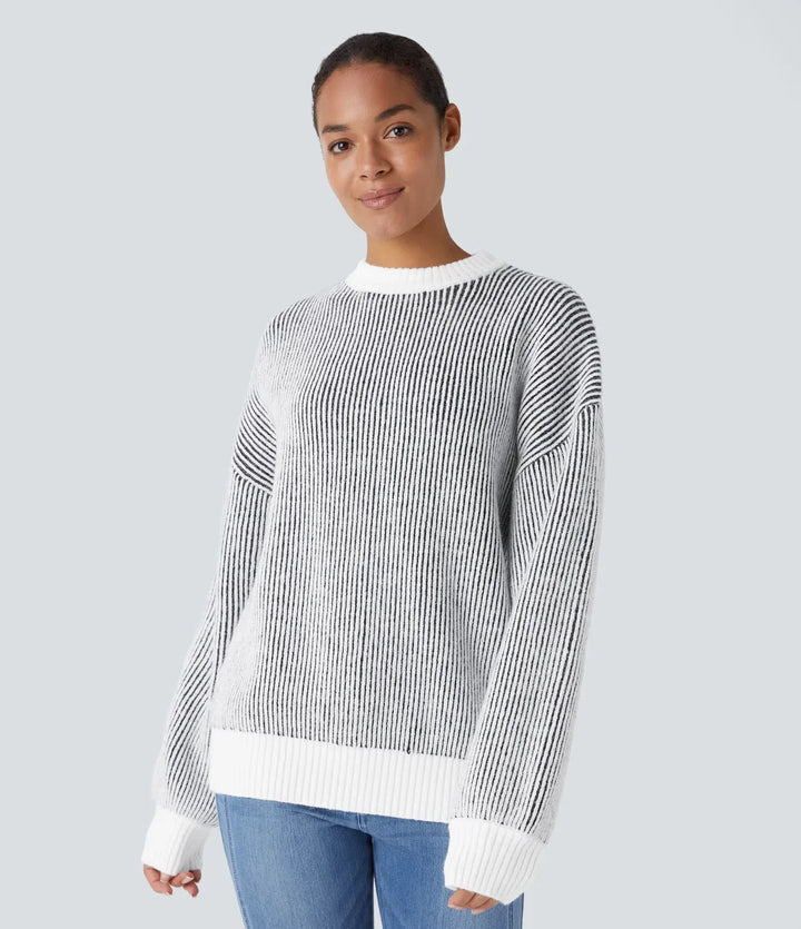 Round Neck Long Sleeve Color Block Stripe Casual Jumper