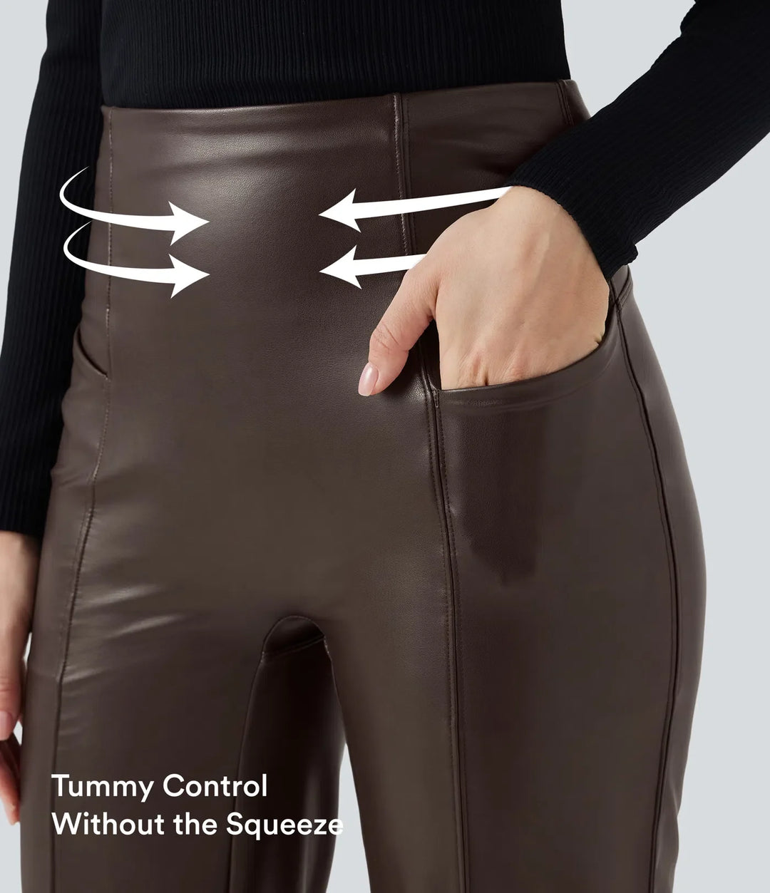 High Waisted Tummy Control Stretchy PU Fleece Casual Flare Trousers with Pockets