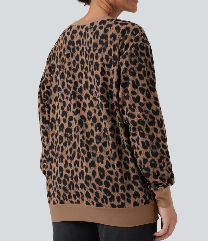 Round Neck Long Sleeve Leopard Waffle Oversized Casual Sweatshirt with Pockets