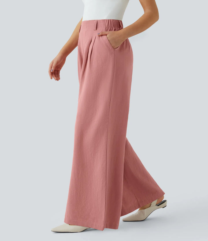 High Waisted Pocket Wide Leg Flowy Solid Palazzo Casual Linen-Feel Trousers