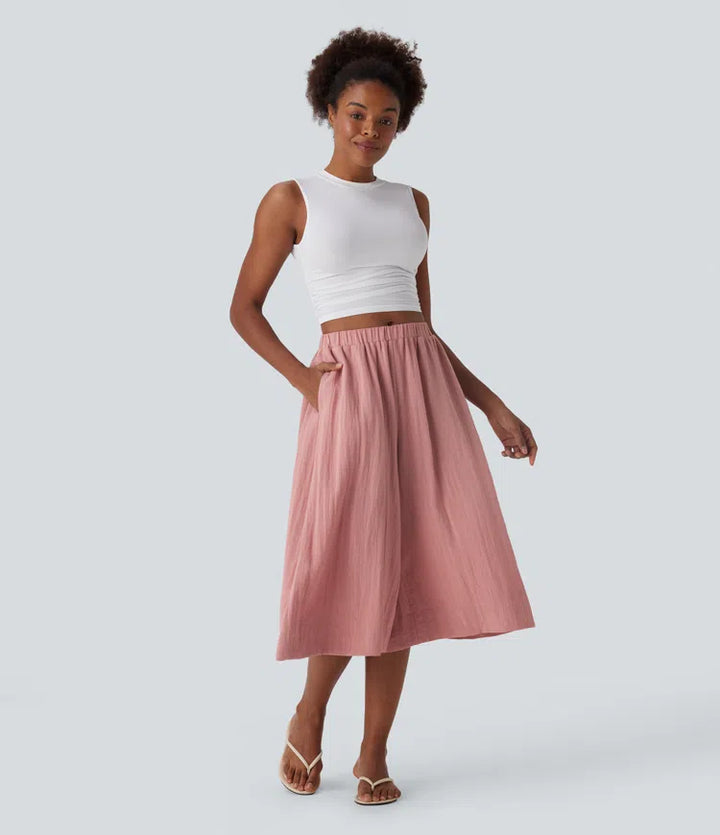 Mid Rise Wide Leg Flowy Linen-Feel Trousers with Pocket