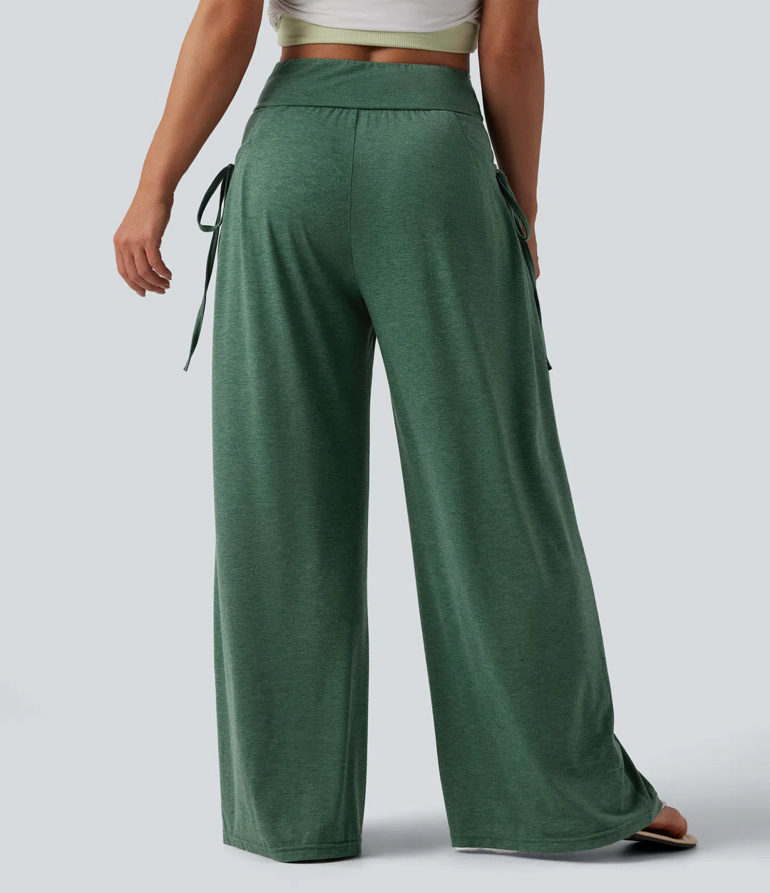 High Waisted Crossover Lace Up Wide Leg Heathered Casual Trousers with Pockets