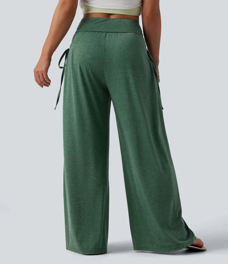 High Waisted Crossover Lace Up Wide Leg Heathered Casual Trousers with Pockets