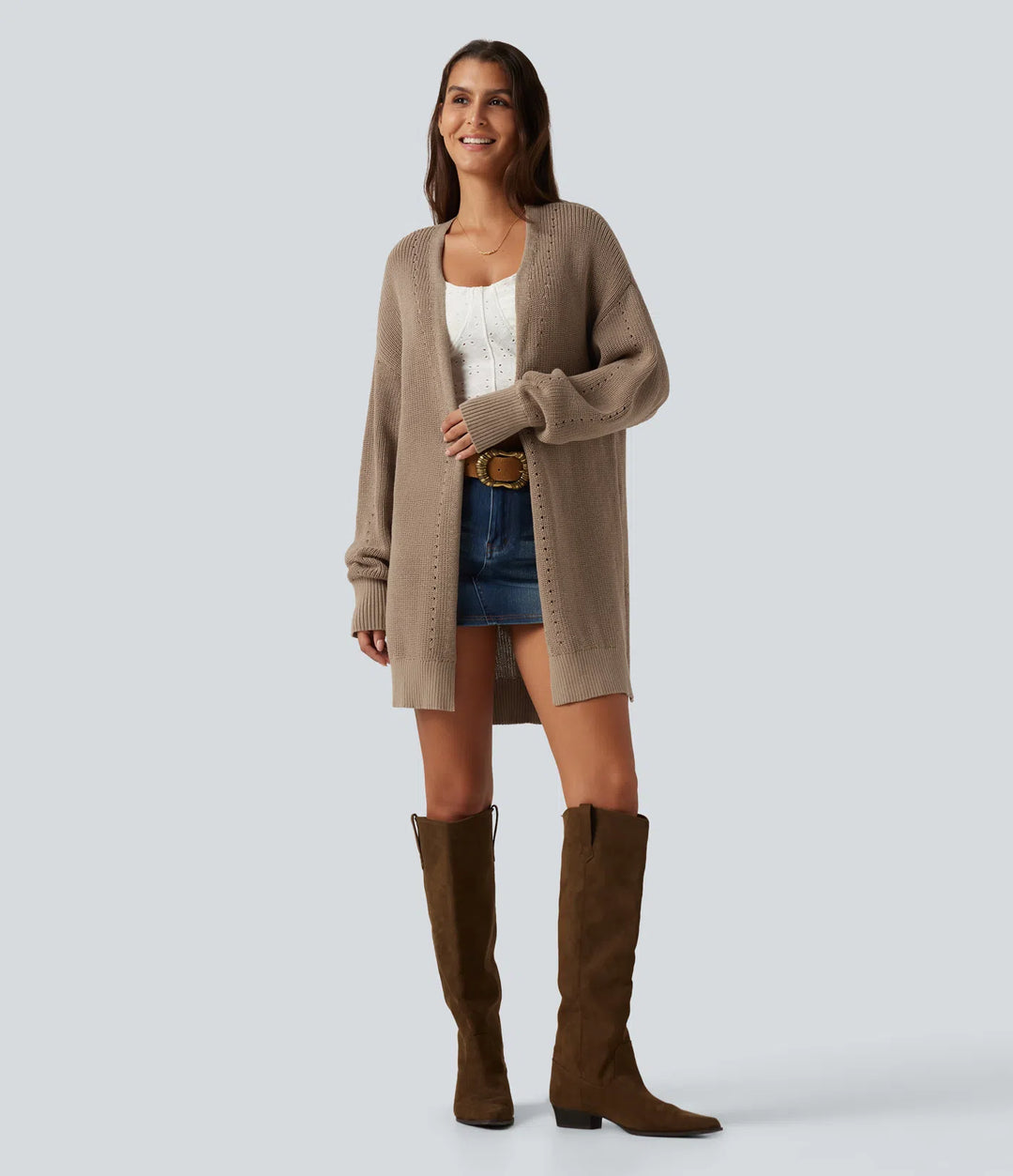 V Neck Open Front Long Sleeve Longline Casual Cardigan
