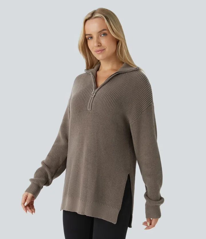 Funnel Neck Half Zip Long Sleeve Casual Jumper