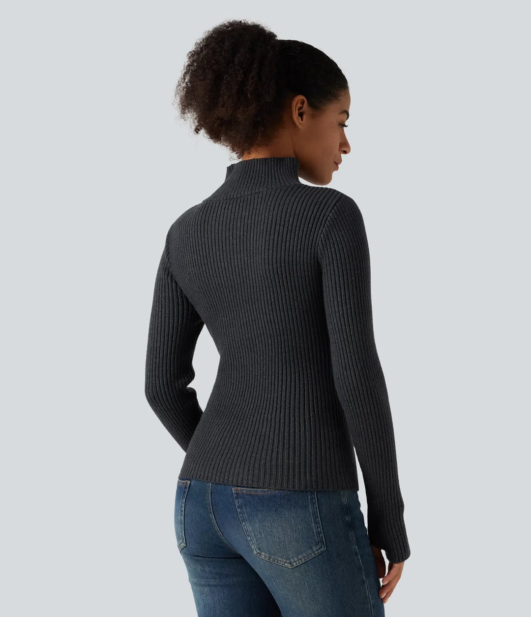 Ribbed Knit High Neck Long Sleeve Thumb Hole Crossover Hem Slim Work Jumper