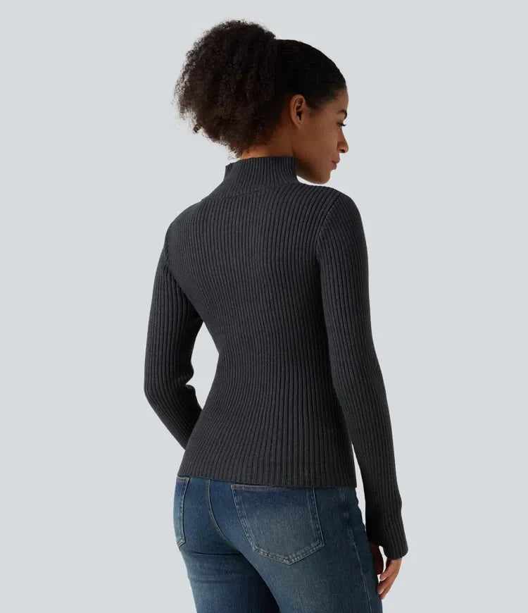 Ribbed Knit High Neck Long Sleeve Thumb Hole Crossover Hem Slim Work Jumper