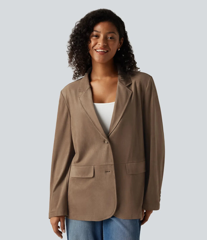 Notched Collar Long Sleeve Suede Casual Blazer with Pockets