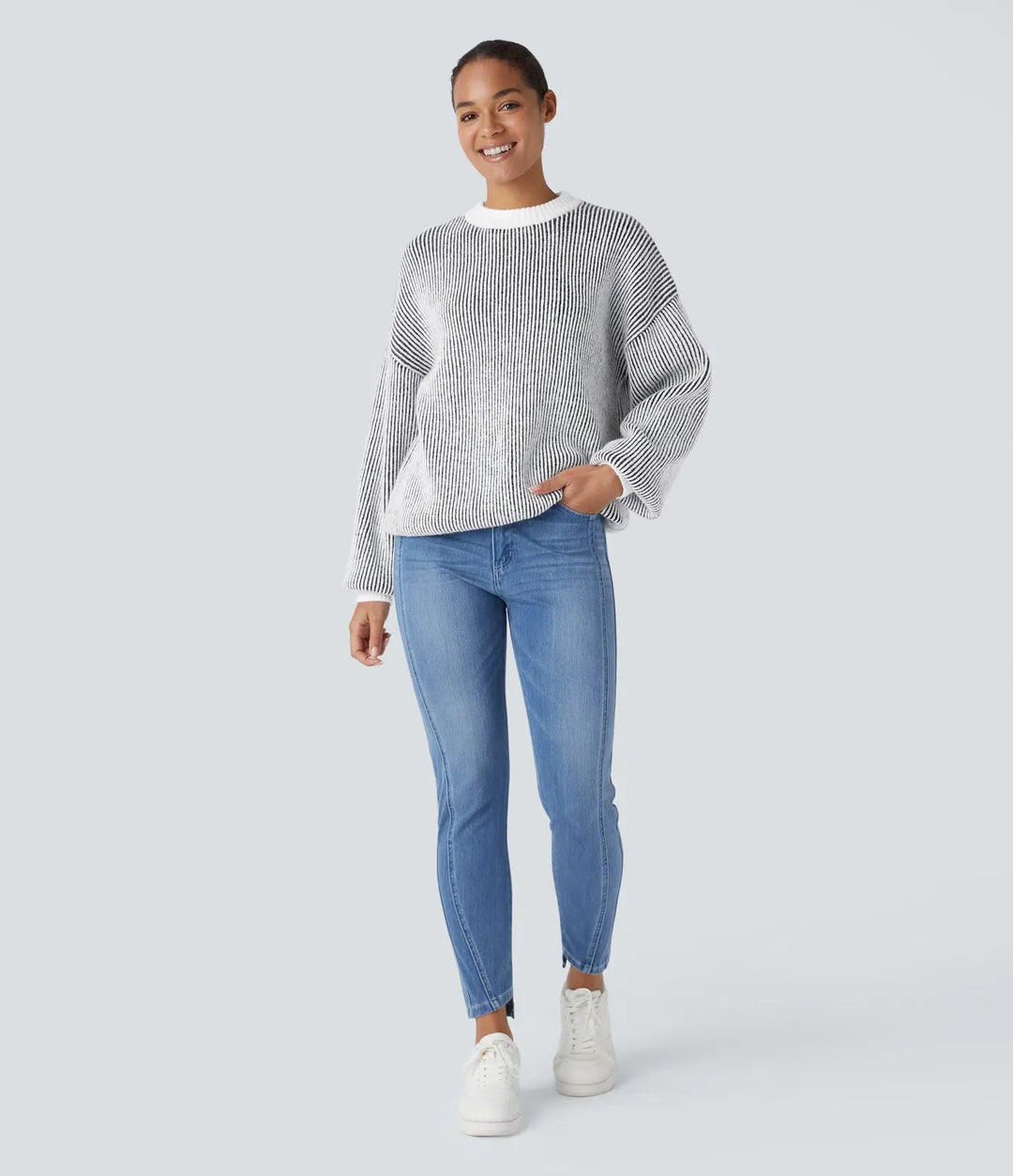 Round Neck Long Sleeve Color Block Stripe Casual Jumper