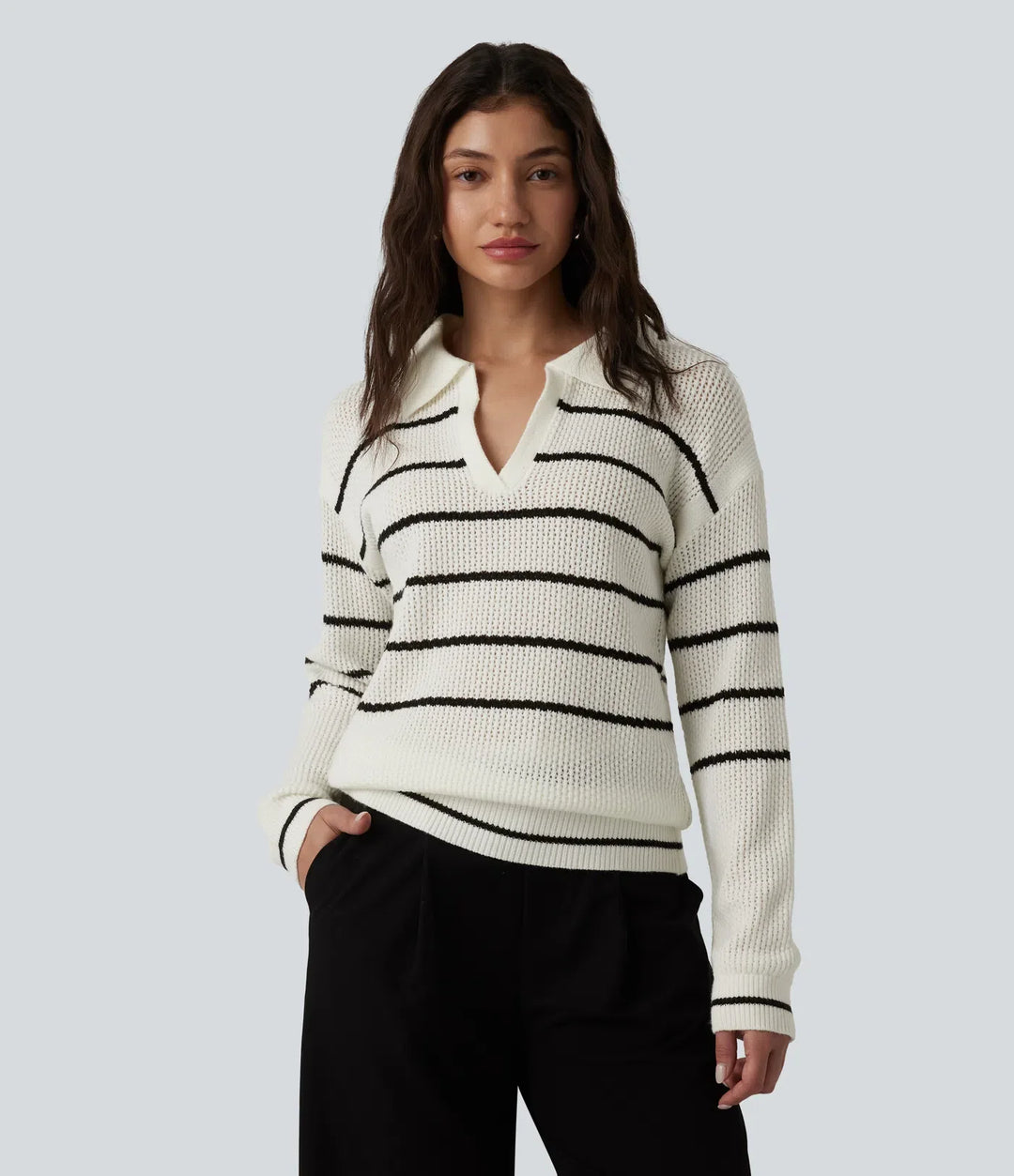 V-neck Long Sleeve Stripes Casual Jumper