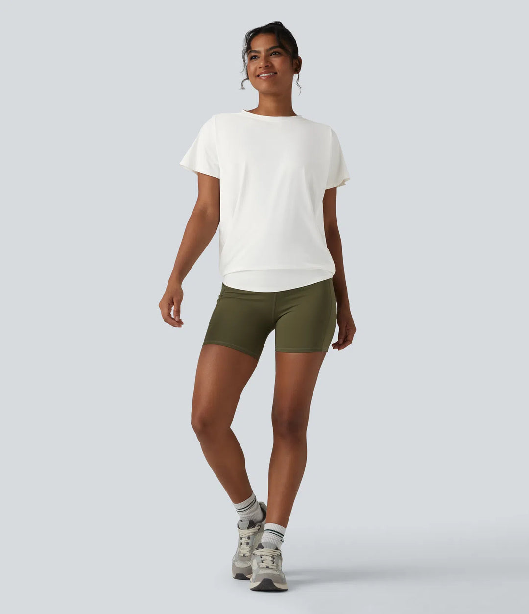 Round Neck Short Sleeve Ruched InstantCool Yoga Sports Top-UPF50+