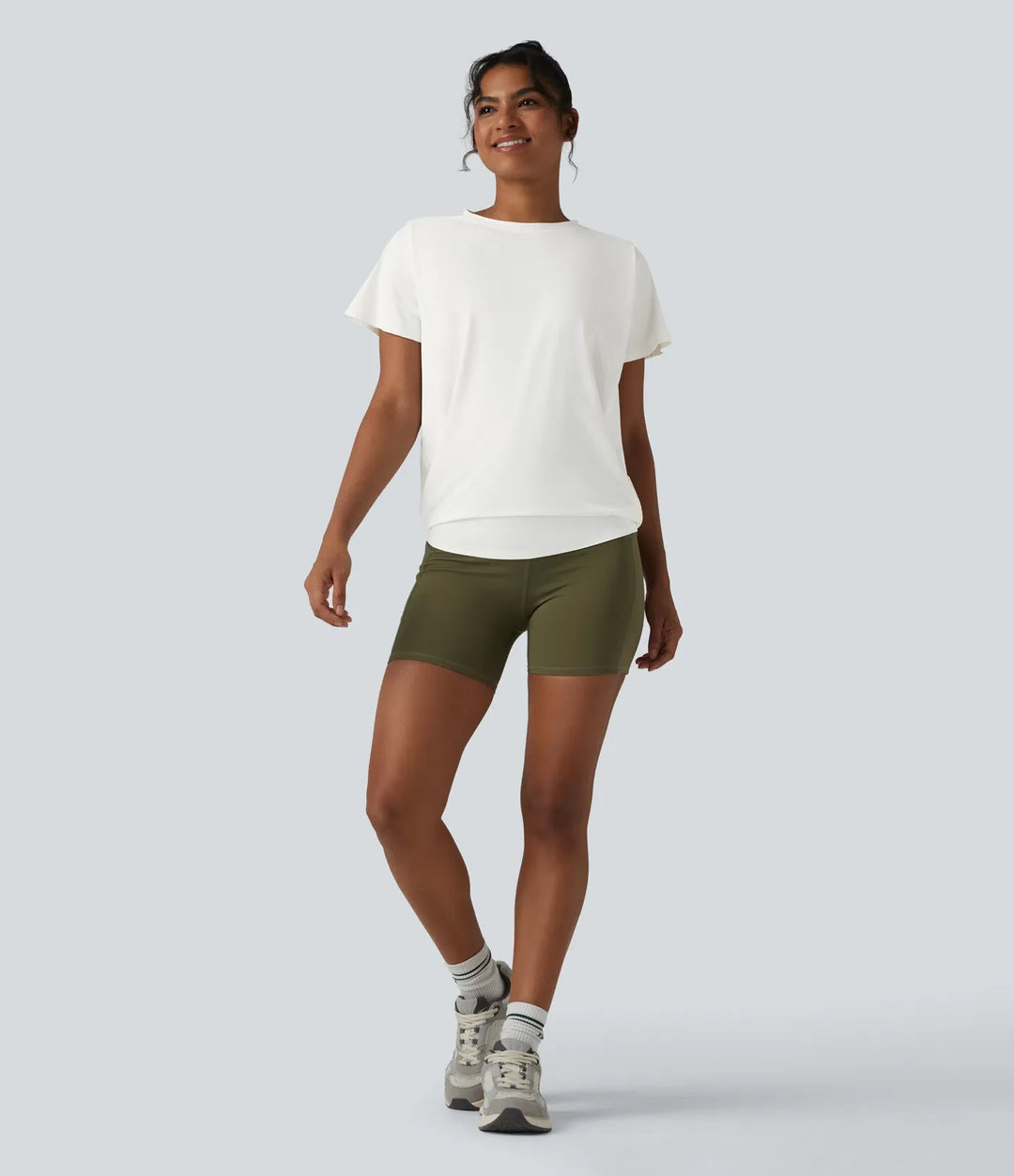 Round Neck Short Sleeve Ruched Cool Touch Yoga Sports Top-UPF50+