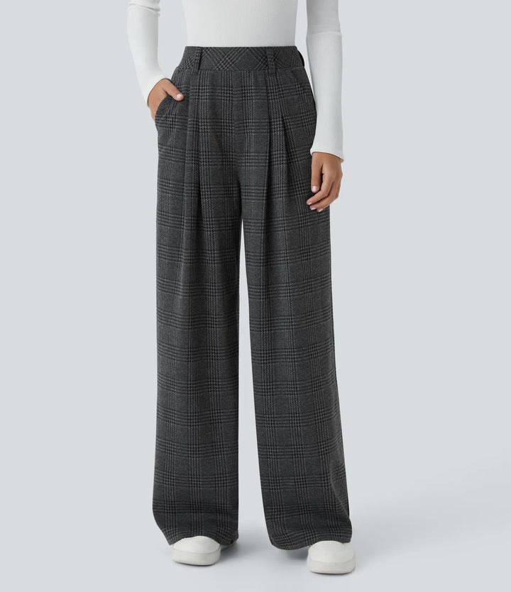 High Waisted Pocket Wide Leg Houndstooth Plaid Casual Trousers