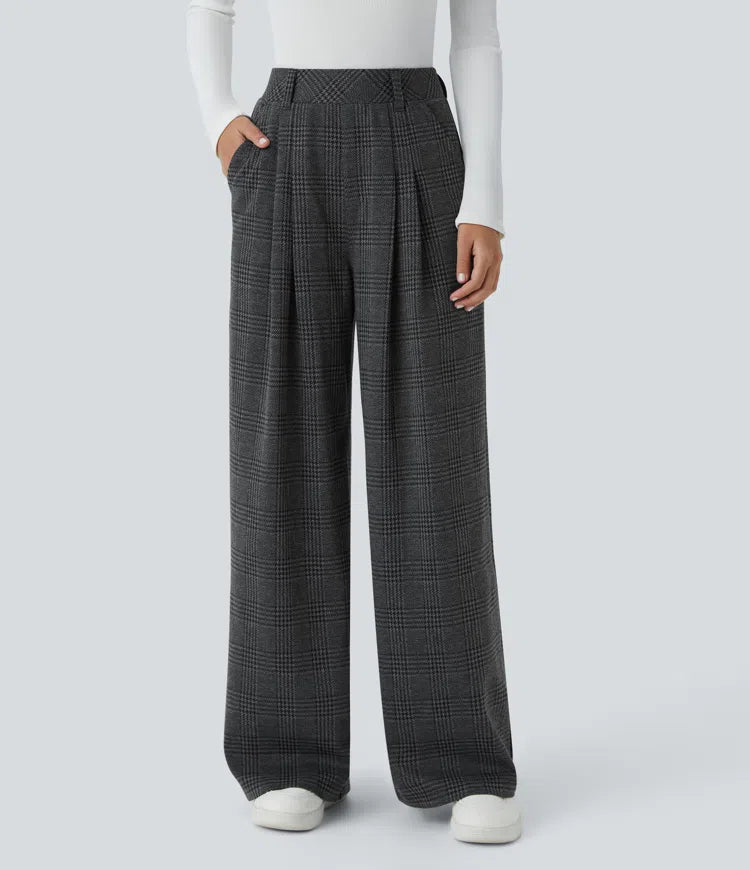High Waisted Pocket Wide Leg Houndstooth Plaid Casual Trousers