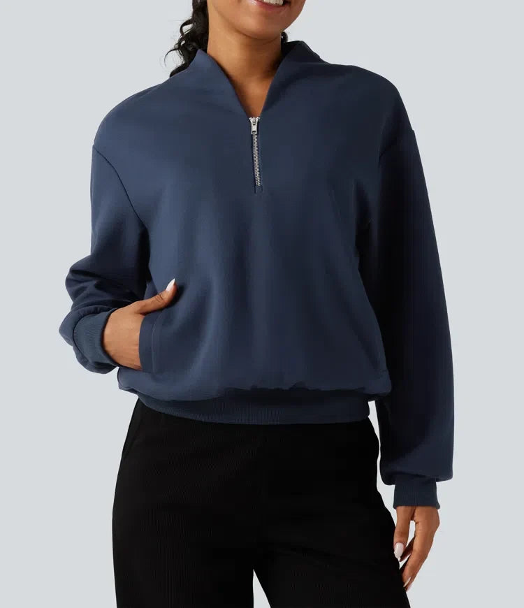 Stand Collar Long Sleeve Casual Cotton Sweatshirt with Pockets