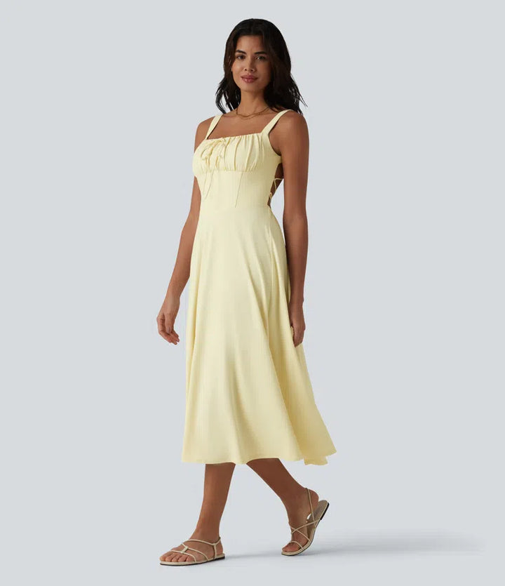Crisscross Backless Square Neck Sleeveless Ruched Built-in Bra Midi Resort Flowy Milkmaid Dress