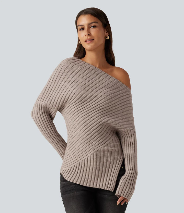 Ribbed Knit One Shoulder Long Sleeve Asymmetric Hem Casual Jumper