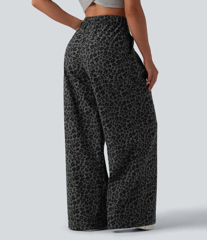 Mid Rise Wide Leg Leopard Print Casual Trousers with Pockets