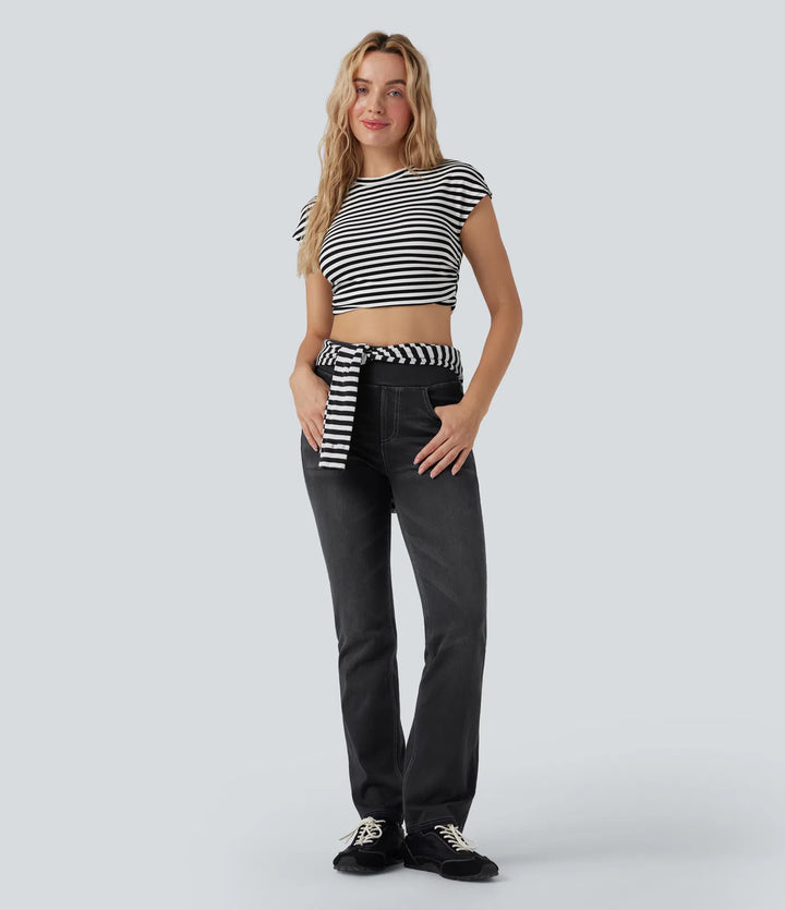 Halara Flex High Waisted Tummy Control Washed Casual Bootcut Jeans with Pockets