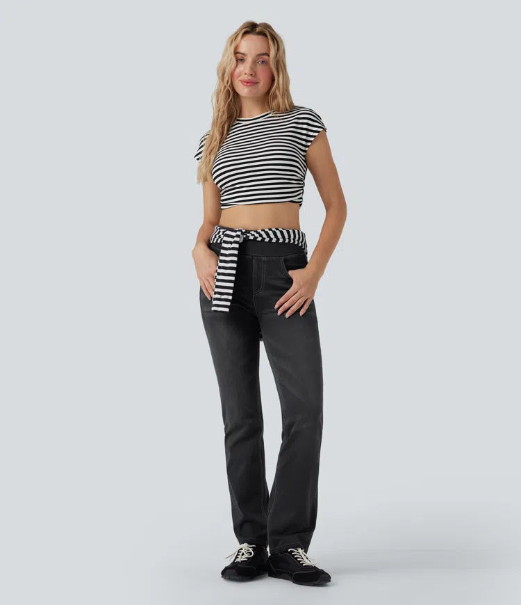 Halara Flex High Waisted Tummy Control Washed Casual Bootcut Jeans with Pockets