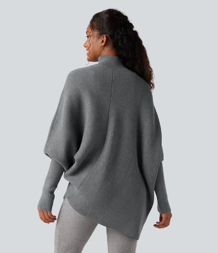 High Neck Batwing Long Sleeve Asymmetric Hem Work Jumper