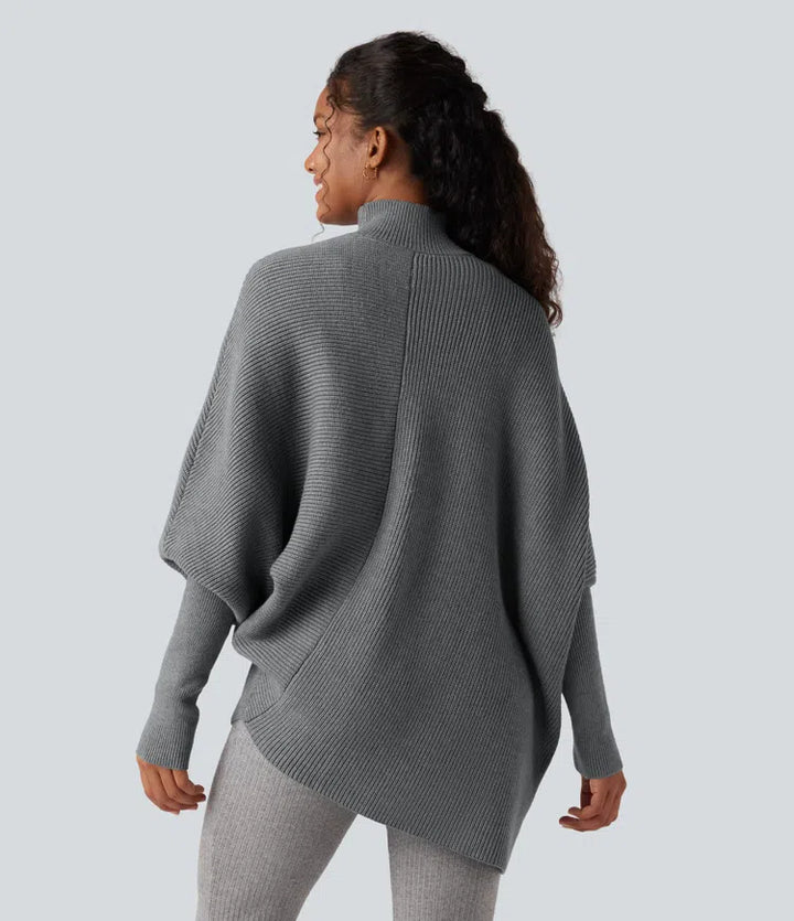High Neck Batwing Long Sleeve Asymmetric Hem Work Jumper