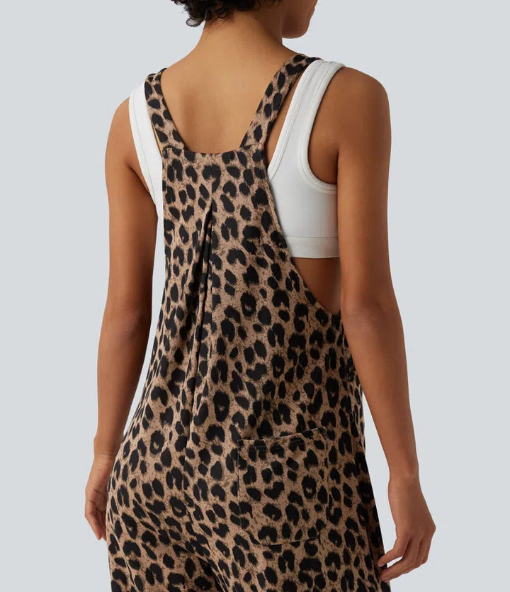 Adjustable Straps Leopard Print Waffle Casual Jogger Dungarees with Pockets