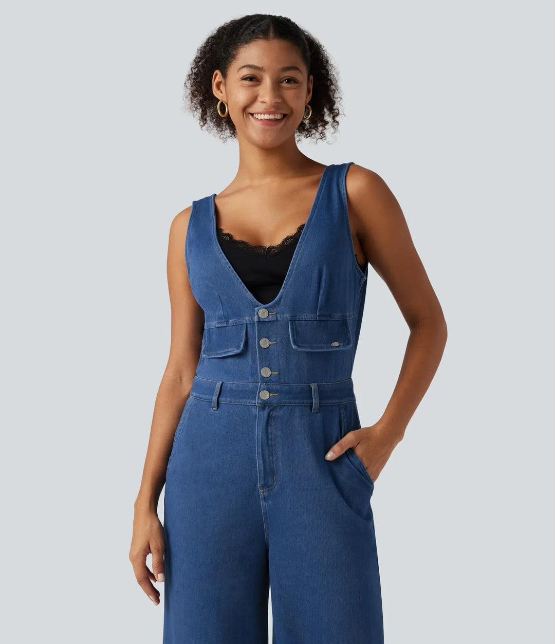 Halara Flex V Neck Wide Leg Denim Casual Jumpsuit with Pockets