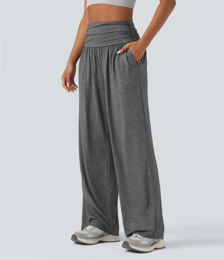 High Waisted Ruched Heathered Yoga Baggy Trousers with Pockets