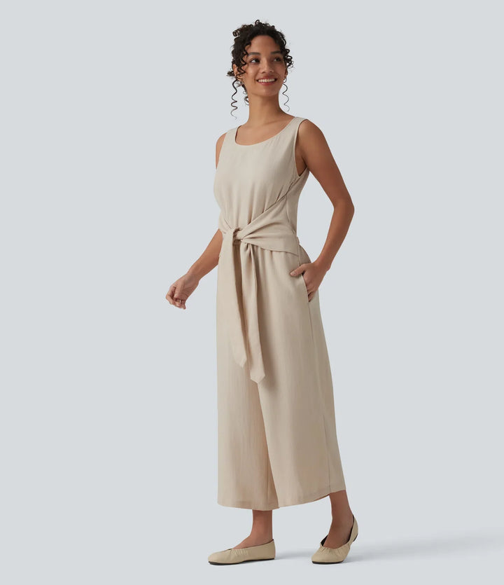 Scoop Neck Sleeveless Tie-front Casual Linen-Feel Jumpsuit with Pockets-Easy Peezy