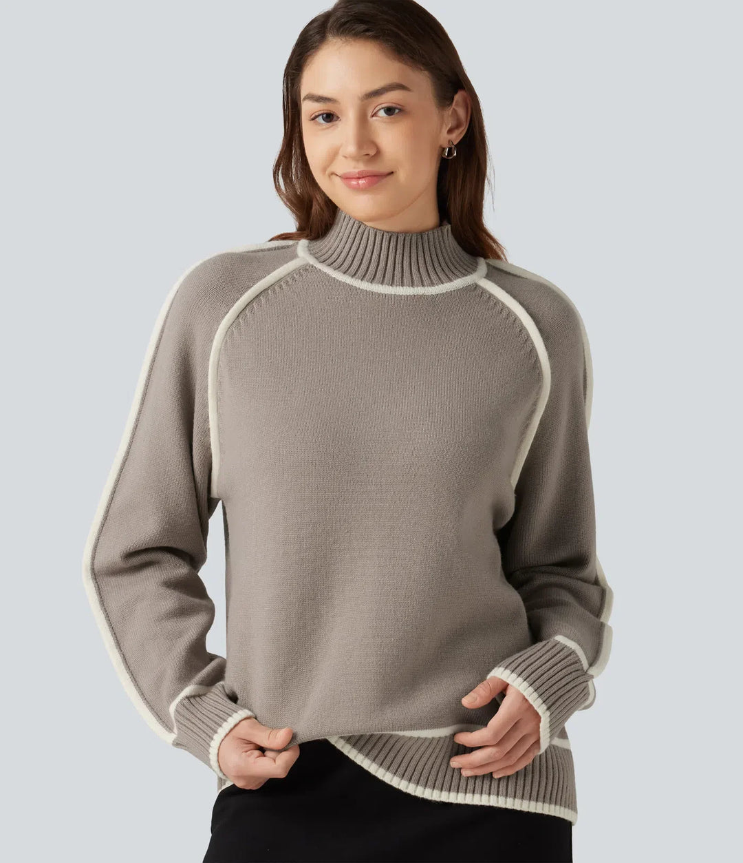 Mock Neck Raglan Long Sleeve Color Block Work Jumper