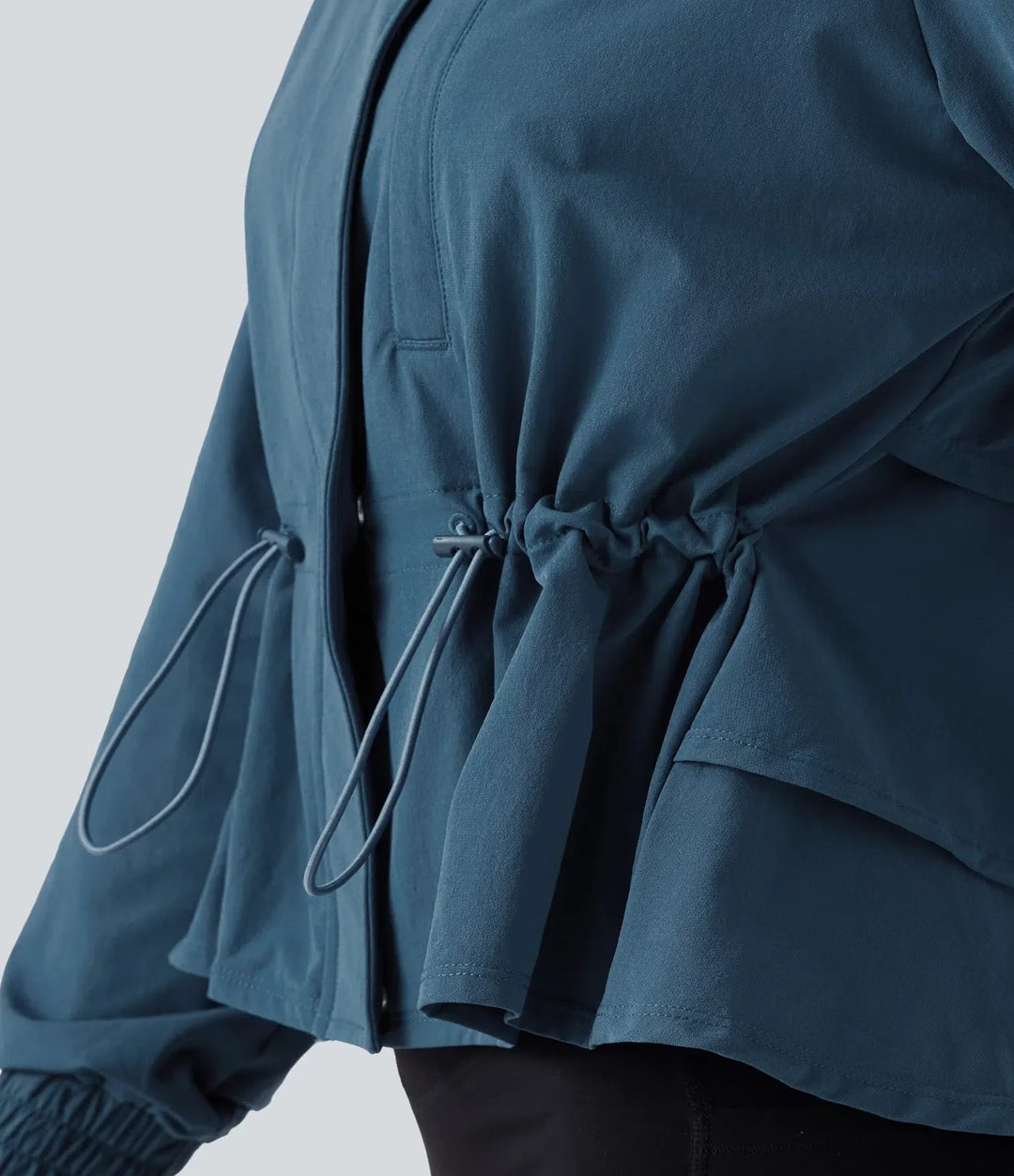 Stowable Hood Drawstring Contrast Mesh Ruffle Hem Workout Jacket with Pocket