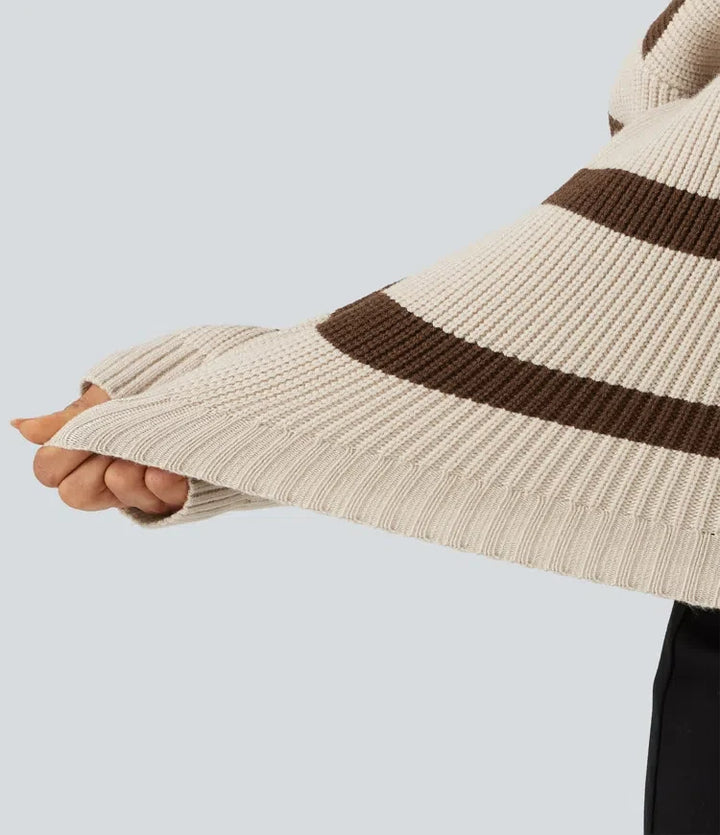 Round Neck Cold Shoulder Long Sleeve Stripe Work Jumper