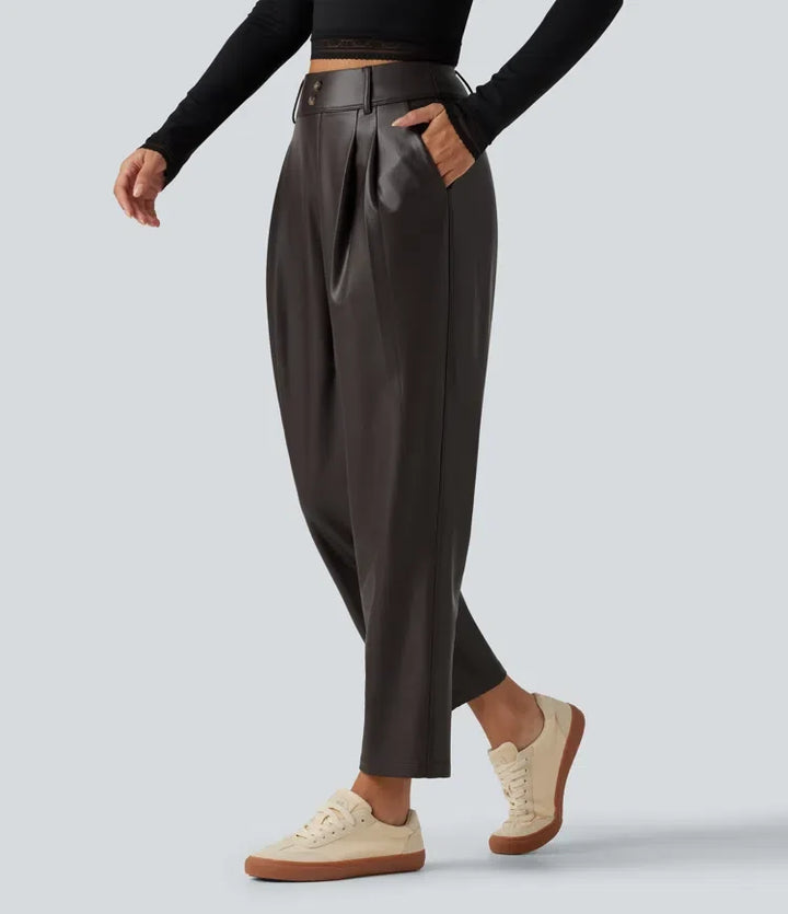 High Waisted Tapered Stretchy PU Fleece Casual Trousers with Pockets