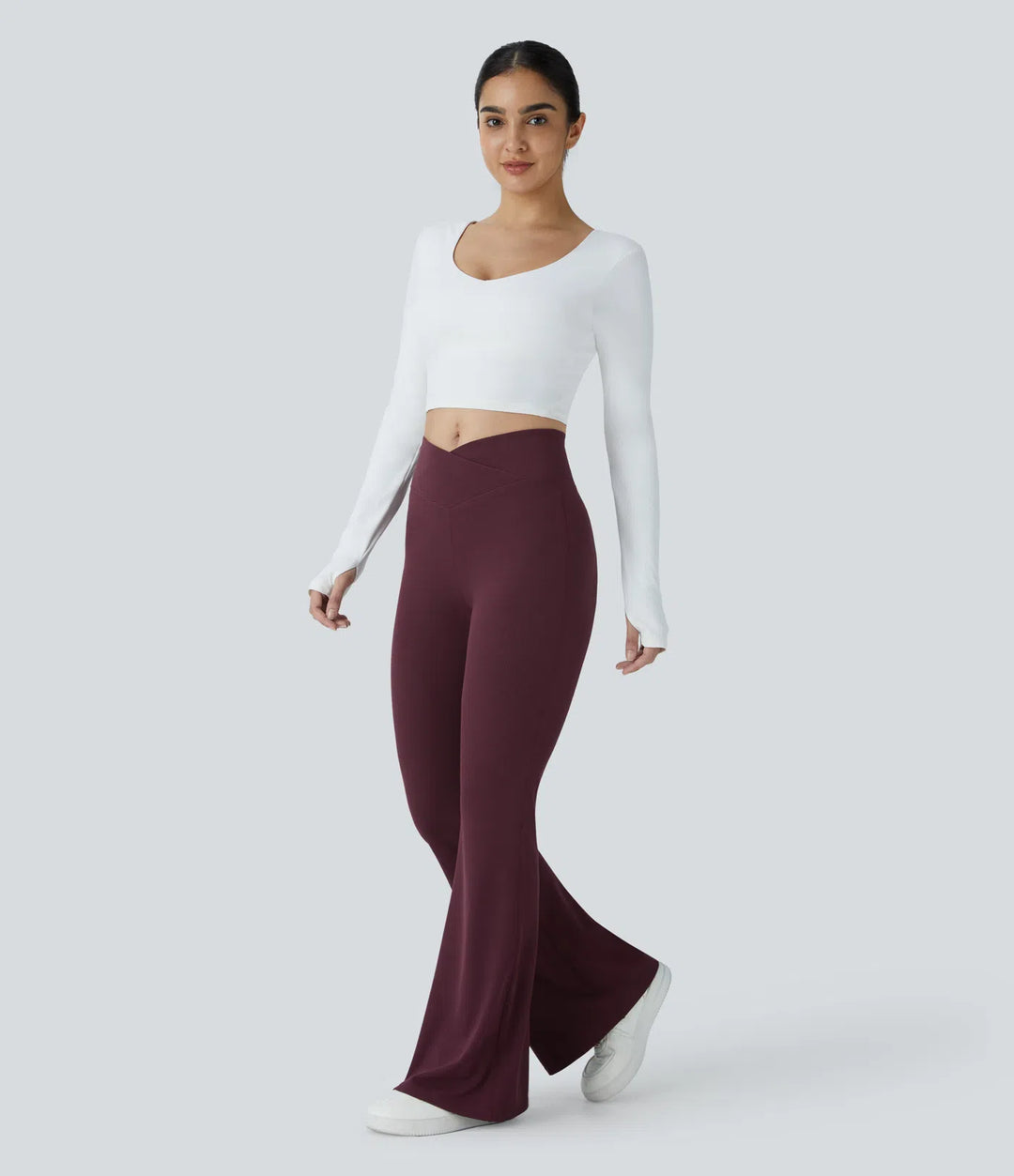 Crossover High Waisted Pocket Waffle Casual Flared Trousers